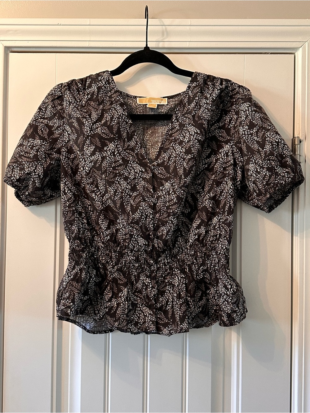Michael Kors Brown & White Printed Peplum Blouse Size Small